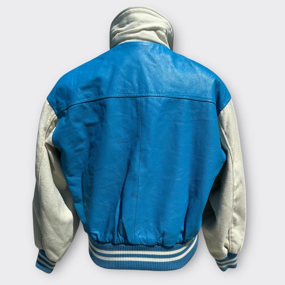 WILSONS LEATHER Varsity Bomber Jacket Genuine Leather Wool Sleeve Blue Cream XS - Picture 3 of 12